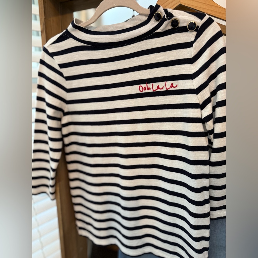 TALBOTS MOCKNECK BUTTON SHOULDER TEE STRIPE OHH LALA NAVY BLUE WHITE SIZE MEDIUM - Picture 4 of 7